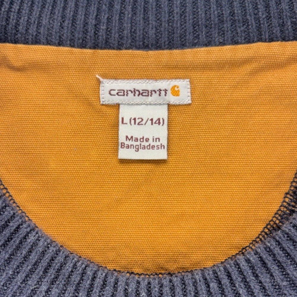 Carhartt Womens L 12 14 Navy Knit Pullover Sweater Elbow Patch Workwear Rugged - Picture 3 of 13